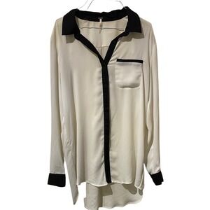 Free People Ivory‎ Black Contrast Button Down Blouse High Low Hem Large